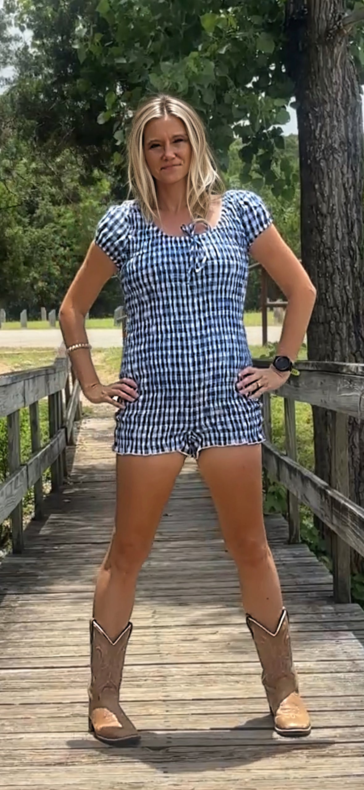 Dallas Gingham Romper-NAVY/WHITE