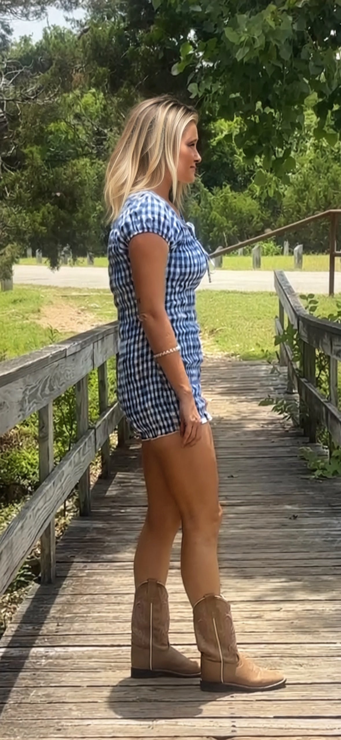 Dallas Gingham Romper-NAVY/WHITE