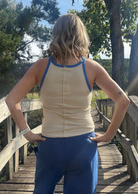 Lane Contrast Trim Tank-Taupe/Blue